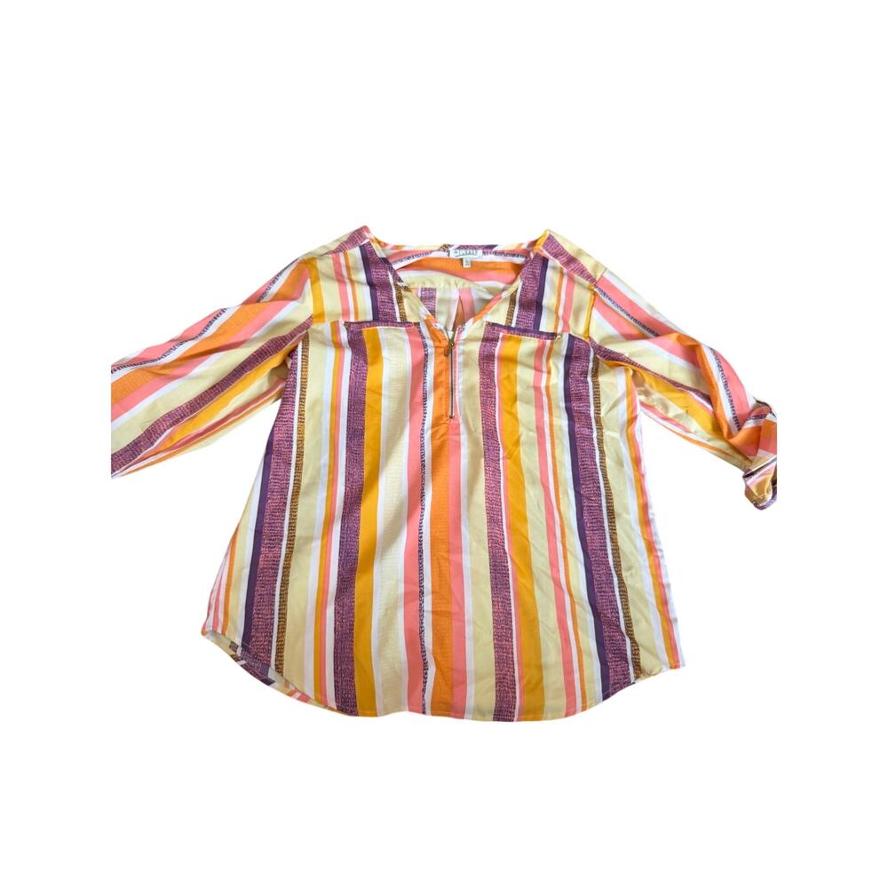 MILEAGE Vertical Striped Quarter Zip Blouse Size L Roll Tab Sleeve V-Neck Top
